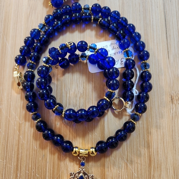 Hand Crafted Pendant Necklace Wrap Bracelet Pierced Earrings Royal Blue Beads - Picture 15 of 16